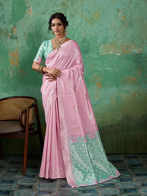 Baby_Pink_Mint_Green_Zari_Border_Linen_Cotton_Saree_Default_Title