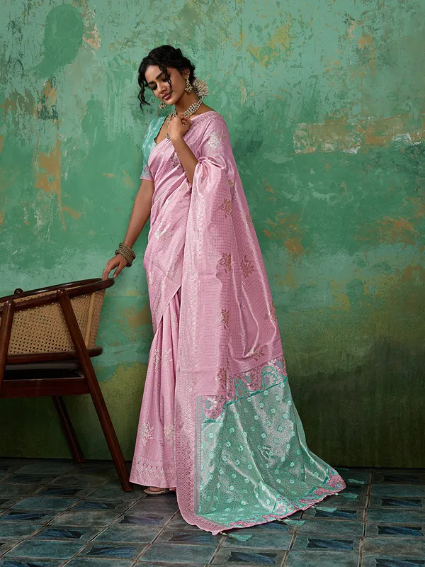 Baby_Pink_Mint_Green_Zari_Border_Linen_Cotton_Saree_Default_Title