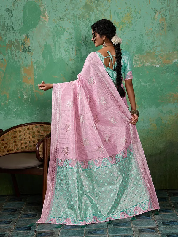 Baby_Pink_Mint_Green_Zari_Border_Linen_Cotton_Saree_Default_Title