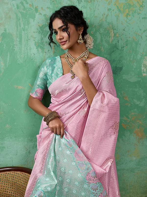 Baby_Pink_Mint_Green_Zari_Border_Linen_Cotton_Saree_Default_Title
