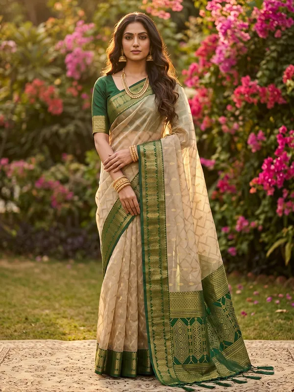 Ethnivo_Beige_Emerald_Green_Traditional_Woven_Border_Cotton_Saree_Default_Title