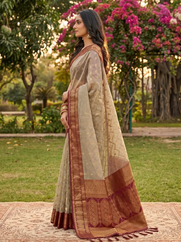 Ethnivo_Beige_Maroon_Traditional_Woven_Border_Cotton_Saree_Default_Title