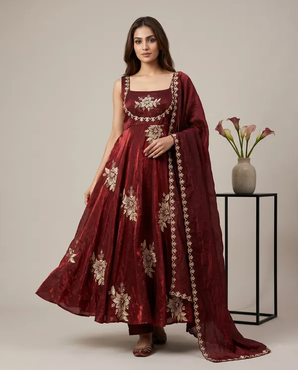 Ethnivo_Maroon_Pure_Fendy_Silk_Anarkali_Suit_With_Embroidered_Border_Dupatta