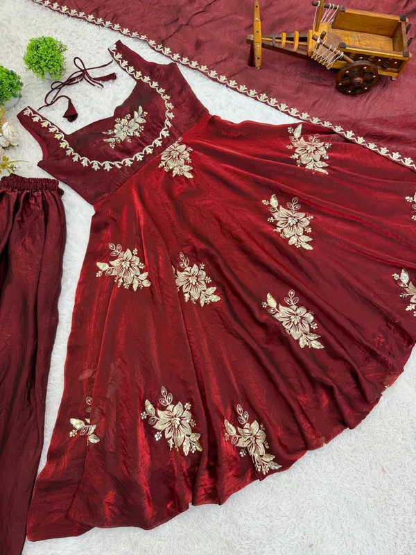 Ethnivo_Maroon_Pure_Fendy_Silk_Anarkali_Suit_With_Embroidered_Border_Dupatta