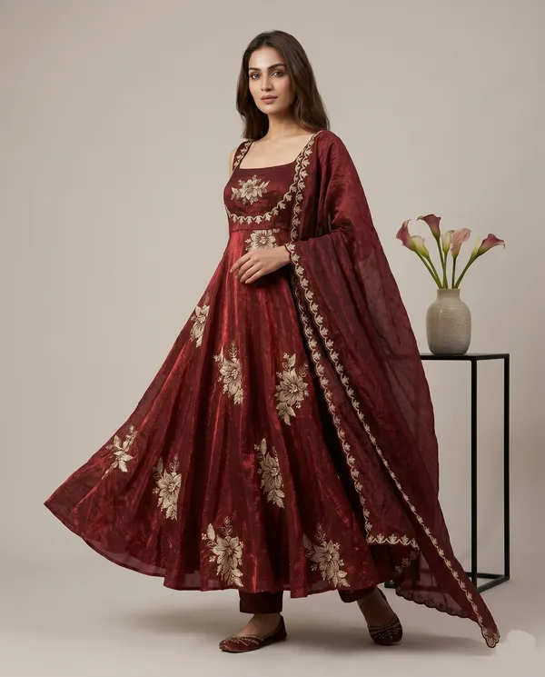 Ethnivo_Maroon_Pure_Fendy_Silk_Anarkali_Suit_With_Embroidered_Border_Dupatta