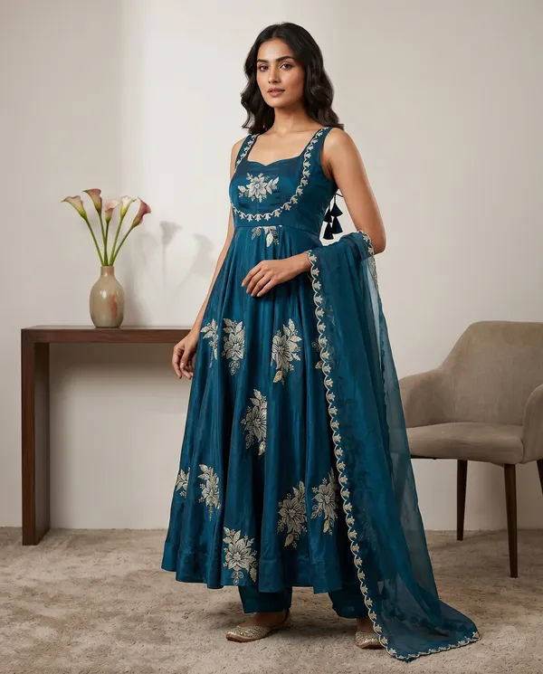 Ethnivo_Teal_Blue_Pure_Fendy_Silk_Anarkali_Suit_With_Embroidered_Border_Dupatta