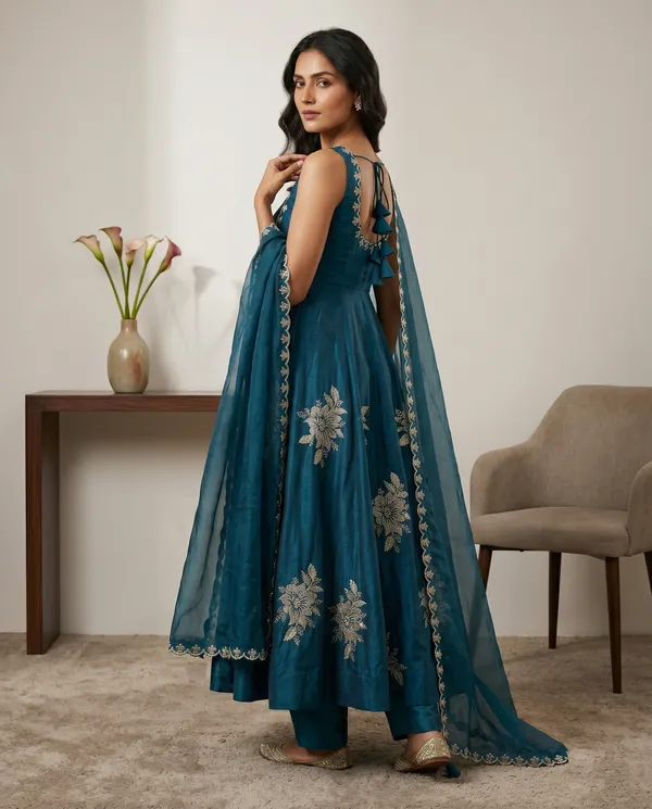 Ethnivo_Teal_Blue_Pure_Fendy_Silk_Anarkali_Suit_With_Embroidered_Border_Dupatta