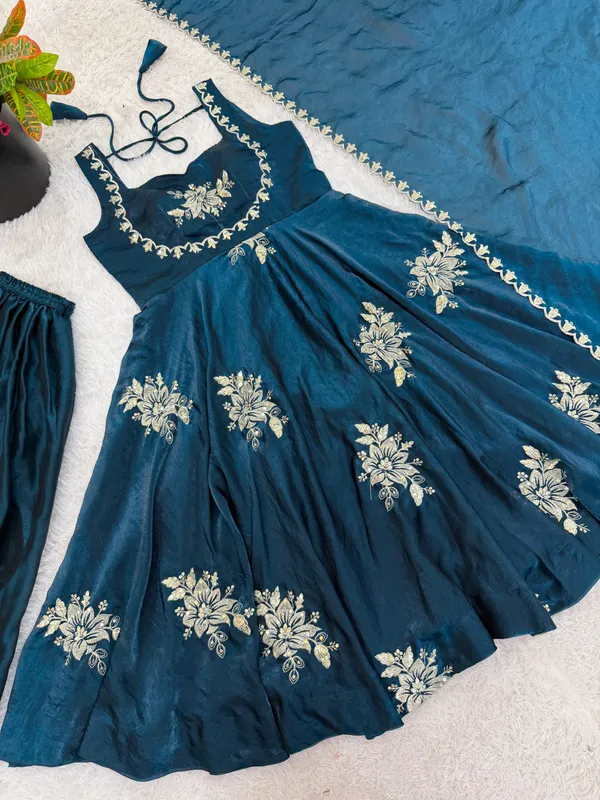 Ethnivo_Teal_Blue_Pure_Fendy_Silk_Anarkali_Suit_With_Embroidered_Border_Dupatta