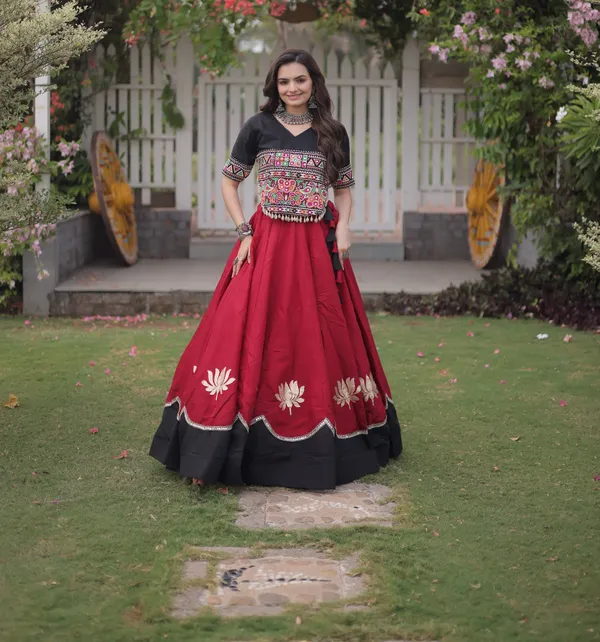 Black_Maroon_Roman_Silk_Semi_Stitched_Navratri_Lehenga_Choli_With_Elegant_Black_Border_Default_Title