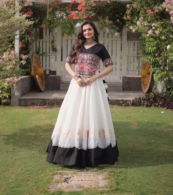 White_Black_Roman_Silk_Semi_Stitched_Navratri_Lehenga_Choli_With_Elegant_Black_Border_Default_Title