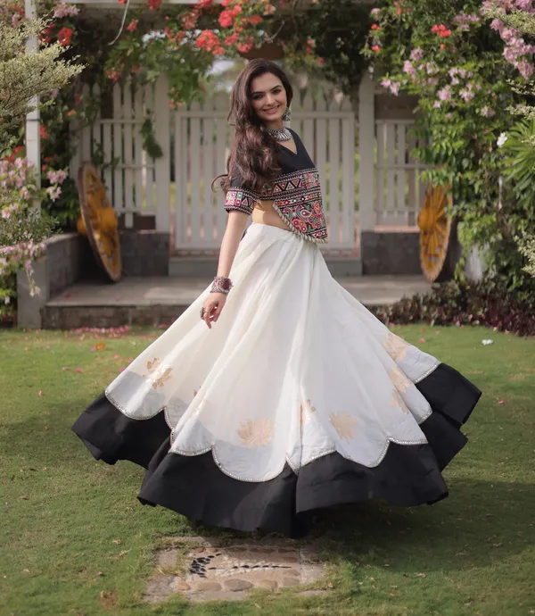 White_Black_Roman_Silk_Semi_Stitched_Navratri_Lehenga_Choli_With_Elegant_Black_Border_Default_Title