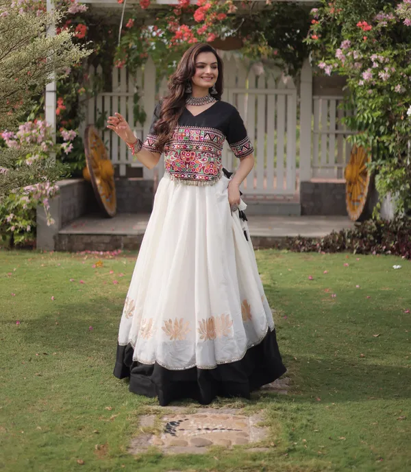 White_Black_Roman_Silk_Semi_Stitched_Navratri_Lehenga_Choli_With_Elegant_Black_Border_Default_Title