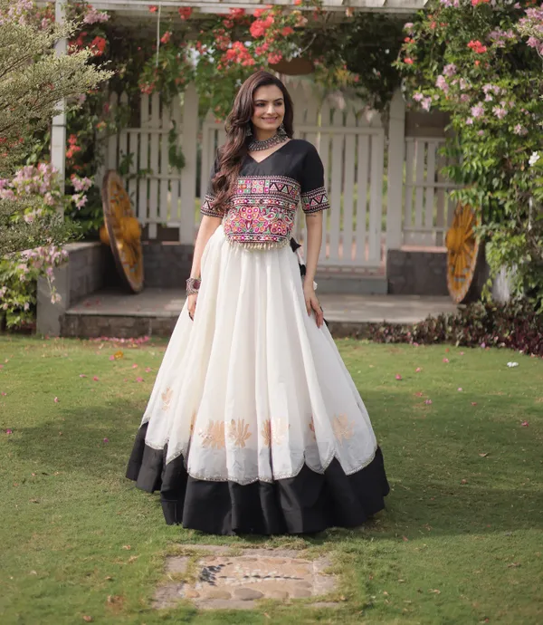 White_Black_Roman_Silk_Semi_Stitched_Navratri_Lehenga_Choli_With_Elegant_Black_Border_Default_Title