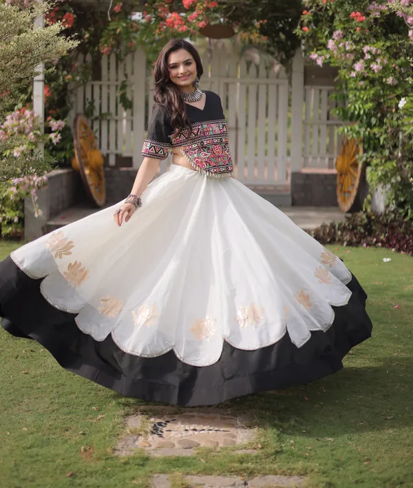 White_Black_Roman_Silk_Semi_Stitched_Navratri_Lehenga_Choli_With_Elegant_Black_Border_Default_Title