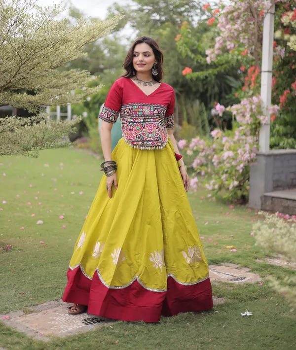 Mustard_Yellow_Maroon_Roman_Silk_Semi_Stitched_Navratri_Lehenga_Choli_With_Rich_Maroon_Border_Default_Title