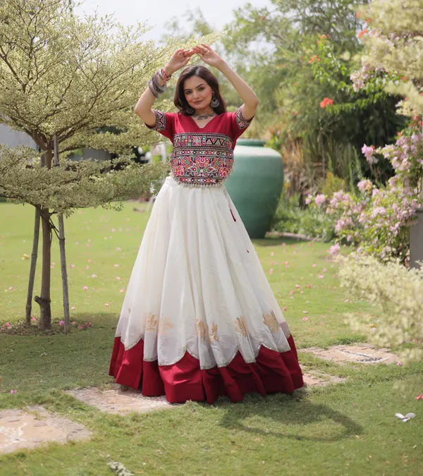 White_Maroon_Roman_Silk_Semi_Stitched_Navratri_Lehenga_Choli_With_Rich_Maroon_Border_Default_Title