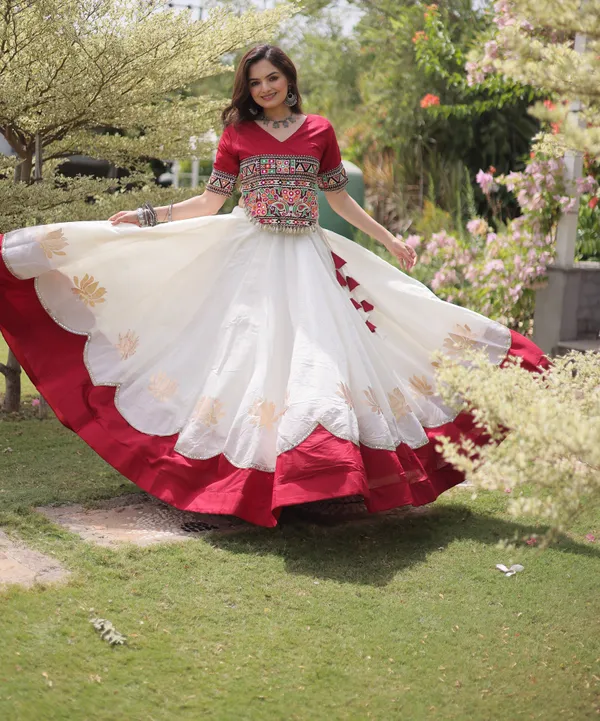 White_Maroon_Roman_Silk_Semi_Stitched_Navratri_Lehenga_Choli_With_Rich_Maroon_Border_Default_Title