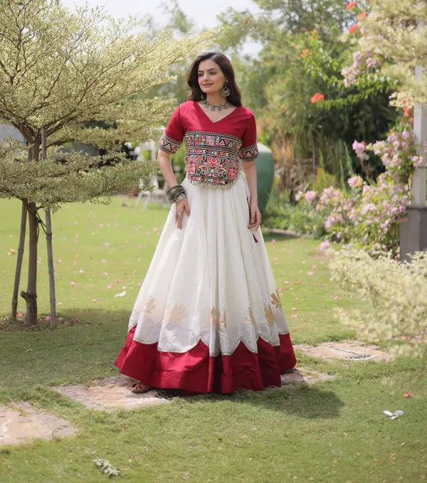 White_Maroon_Roman_Silk_Semi_Stitched_Navratri_Lehenga_Choli_With_Rich_Maroon_Border_Default_Title