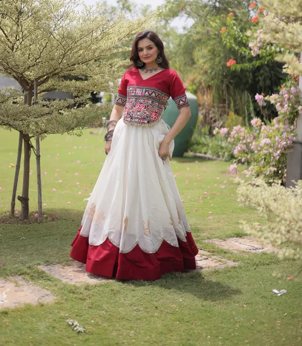 White_Maroon_Roman_Silk_Semi_Stitched_Navratri_Lehenga_Choli_With_Rich_Maroon_Border_Default_Title