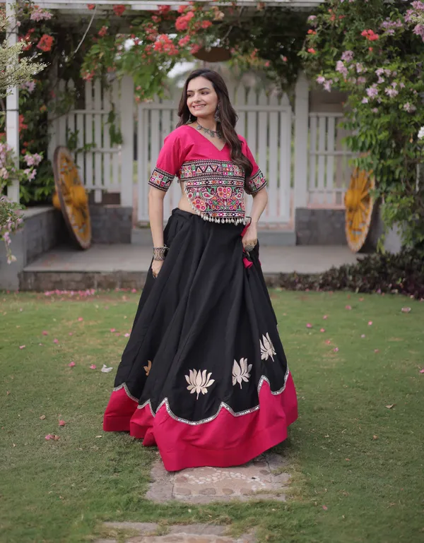 Black_Hot_Pink_Roman_Silk_Semi_Stitched_Navratri_Lehenga_Choli_With_Hot_Pink_Contrast_Border_Default_Title