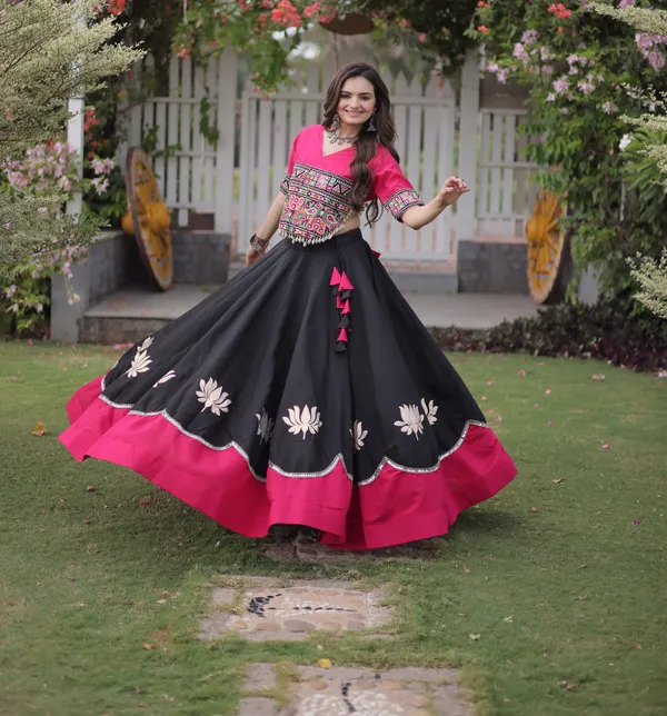 Black_Hot_Pink_Roman_Silk_Semi_Stitched_Navratri_Lehenga_Choli_With_Hot_Pink_Contrast_Border_Default_Title