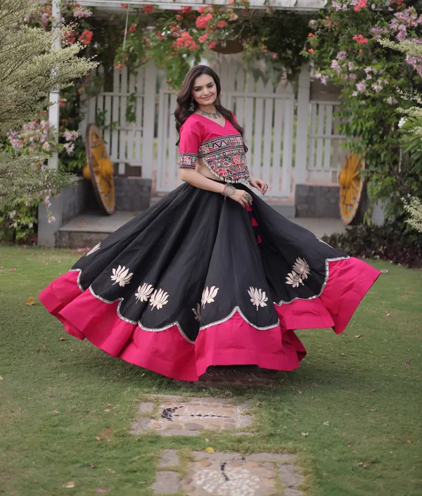 Black_Hot_Pink_Roman_Silk_Semi_Stitched_Navratri_Lehenga_Choli_With_Hot_Pink_Contrast_Border_Default_Title