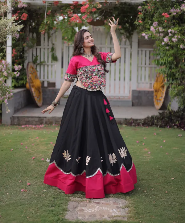 Black_Hot_Pink_Roman_Silk_Semi_Stitched_Navratri_Lehenga_Choli_With_Hot_Pink_Contrast_Border_Default_Title