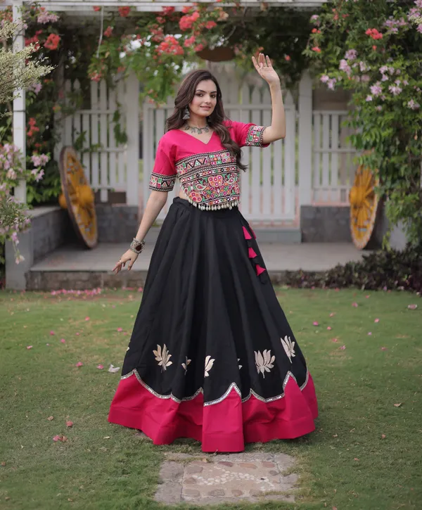 Black_Hot_Pink_Roman_Silk_Semi_Stitched_Navratri_Lehenga_Choli_With_Hot_Pink_Contrast_Border_Default_Title