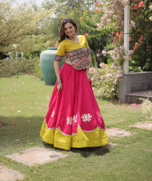 Hot_Pink_Mustard_Yellow_Roman_Silk_Semi_Stitched_Navratri_Lehenga_Choli_With_Mustard_Yellow_Contrast_Border_Default_Title