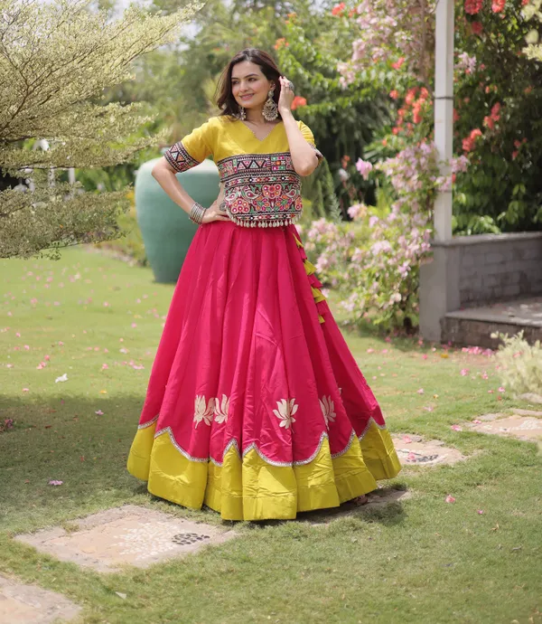 Hot_Pink_Mustard_Yellow_Roman_Silk_Semi_Stitched_Navratri_Lehenga_Choli_With_Mustard_Yellow_Contrast_Border_Default_Title