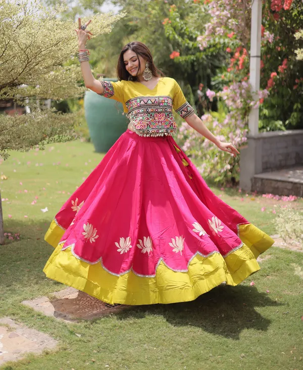Hot_Pink_Mustard_Yellow_Roman_Silk_Semi_Stitched_Navratri_Lehenga_Choli_With_Mustard_Yellow_Contrast_Border_Default_Title
