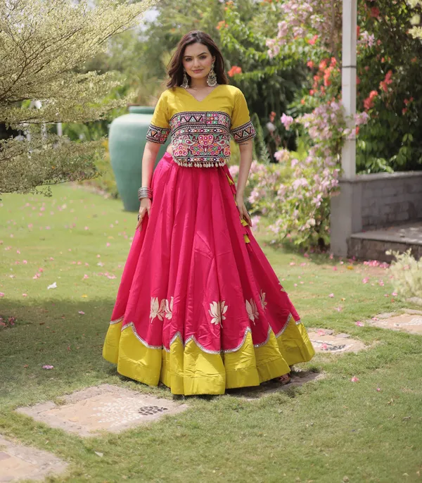 Hot_Pink_Mustard_Yellow_Roman_Silk_Semi_Stitched_Navratri_Lehenga_Choli_With_Mustard_Yellow_Contrast_Border_Default_Title