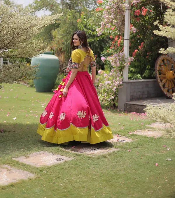 Hot_Pink_Mustard_Yellow_Roman_Silk_Semi_Stitched_Navratri_Lehenga_Choli_With_Mustard_Yellow_Contrast_Border_Default_Title