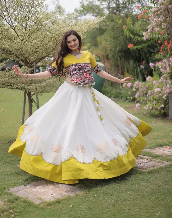 White_Mustard_Yellow_Roman_Silk_Semi_Stitched_Navratri_Lehenga_Choli_With_Mustard_Yellow_Contrast_Border_Default_Title