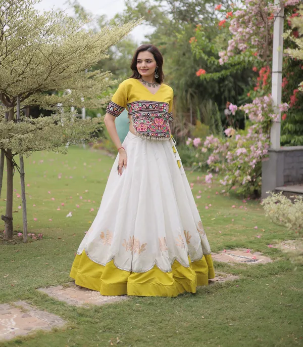 White_Mustard_Yellow_Roman_Silk_Semi_Stitched_Navratri_Lehenga_Choli_With_Mustard_Yellow_Contrast_Border_Default_Title