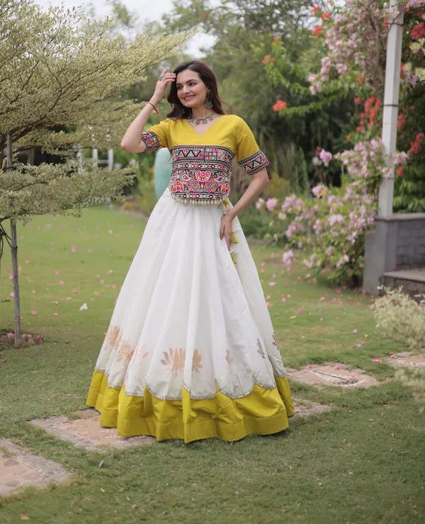 White_Mustard_Yellow_Roman_Silk_Semi_Stitched_Navratri_Lehenga_Choli_With_Mustard_Yellow_Contrast_Border_Default_Title