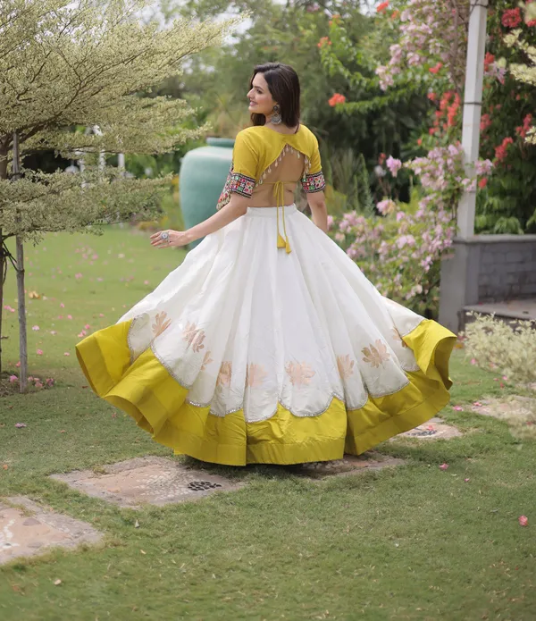 White_Mustard_Yellow_Roman_Silk_Semi_Stitched_Navratri_Lehenga_Choli_With_Mustard_Yellow_Contrast_Border_Default_Title