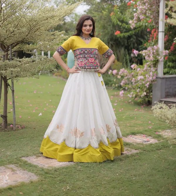 White_Mustard_Yellow_Roman_Silk_Semi_Stitched_Navratri_Lehenga_Choli_With_Mustard_Yellow_Contrast_Border_Default_Title