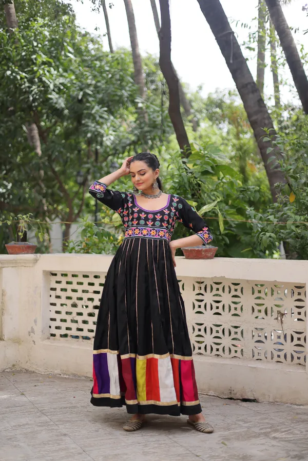 Ethnivo_Black_Roman_Silk_Navratri_Designer_Readymade_Gown_With_Multicolor_Border_Default_Title