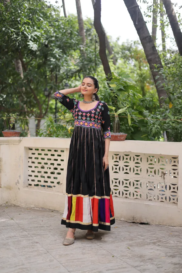 Ethnivo_Black_Roman_Silk_Navratri_Designer_Readymade_Gown_With_Multicolor_Border_Default_Title