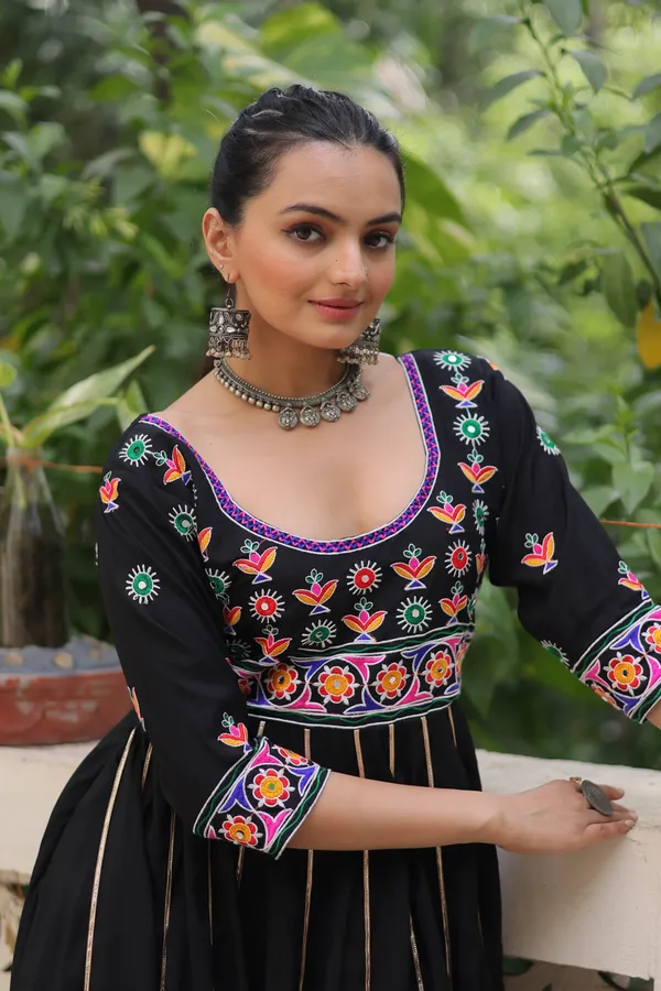 Ethnivo_Black_Roman_Silk_Navratri_Designer_Readymade_Gown_With_Multicolor_Border_Default_Title