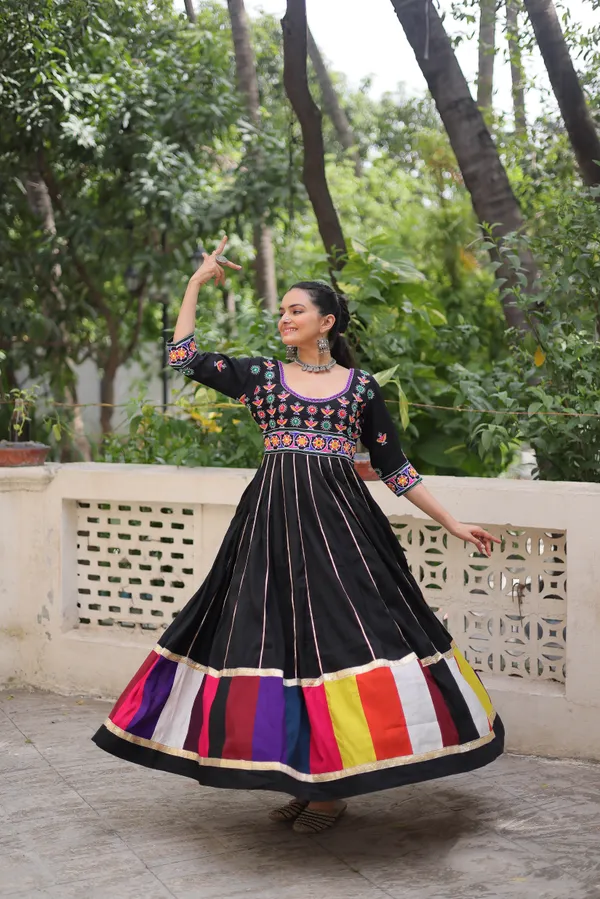 Ethnivo_Black_Roman_Silk_Navratri_Designer_Readymade_Gown_With_Multicolor_Border_Default_Title