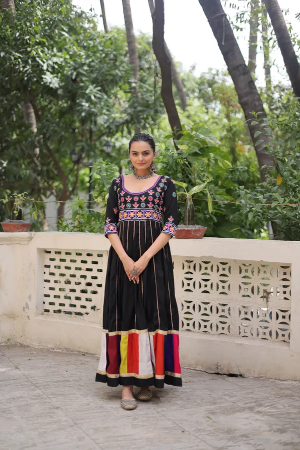 Ethnivo_Black_Roman_Silk_Navratri_Designer_Readymade_Gown_With_Multicolor_Border_Default_Title