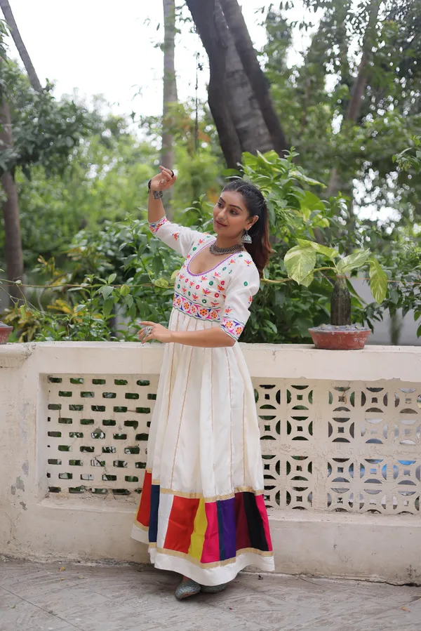 Ethnivo_Off_White_Roman_Silk_Navratri_Designer_Readymade_Gown_With_Multicolor_Border_Default_Title