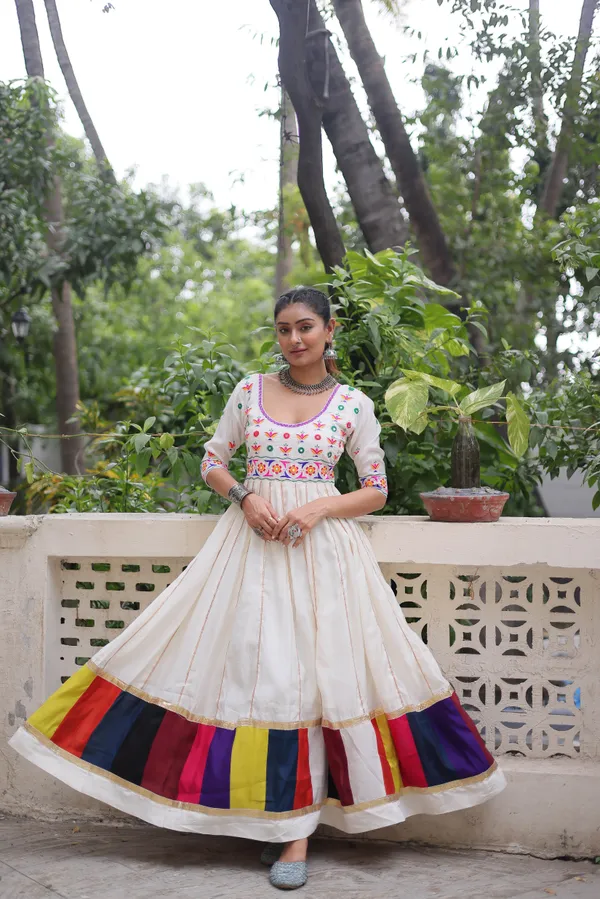 Ethnivo_Off_White_Roman_Silk_Navratri_Designer_Readymade_Gown_With_Multicolor_Border_Default_Title