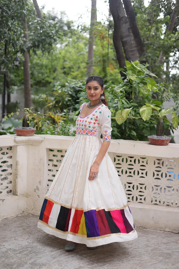 Ethnivo_Off_White_Roman_Silk_Navratri_Designer_Readymade_Gown_With_Multicolor_Border_Default_Title