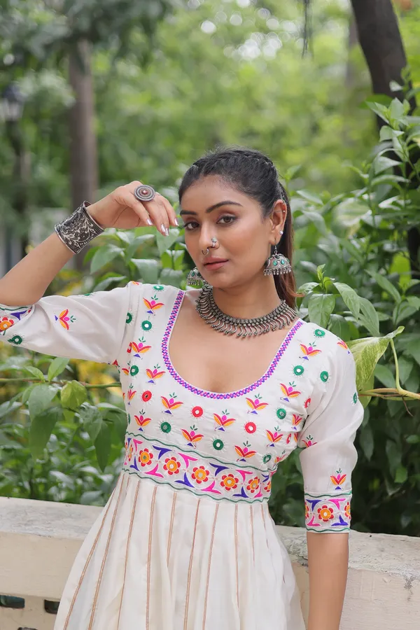 Ethnivo_Off_White_Roman_Silk_Navratri_Designer_Readymade_Gown_With_Multicolor_Border_Default_Title