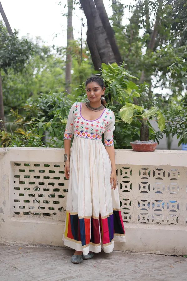 Ethnivo_Off_White_Roman_Silk_Navratri_Designer_Readymade_Gown_With_Multicolor_Border_Default_Title