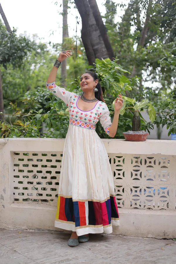 Ethnivo_Off_White_Roman_Silk_Navratri_Designer_Readymade_Gown_With_Multicolor_Border_Default_Title