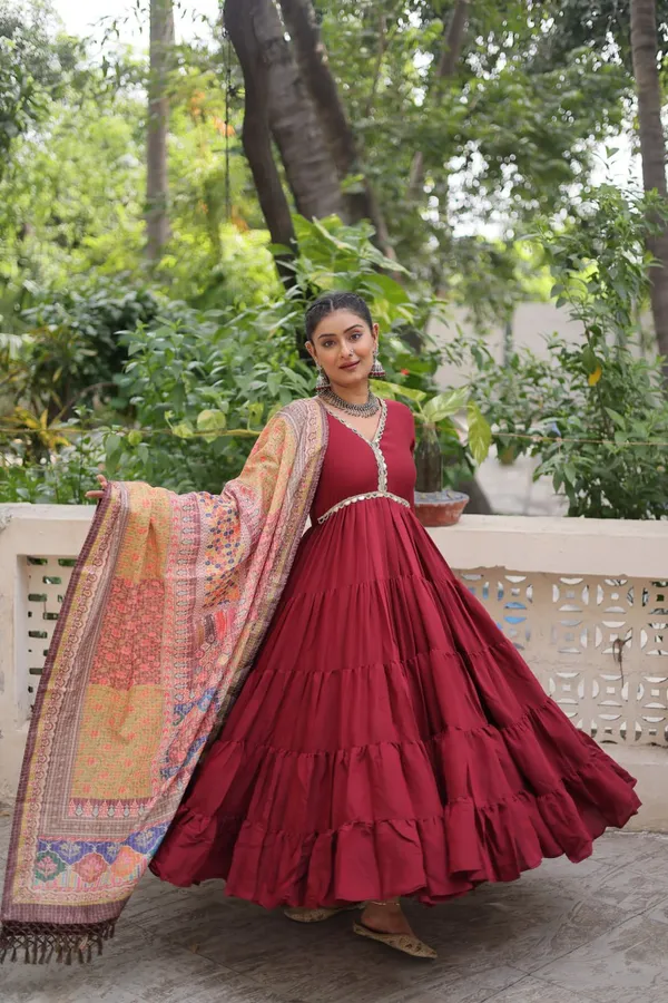 Maroon_Roman_Silk_Readymade_Gown_With_Designer_Printed_Border_Dupatta_Default_Title